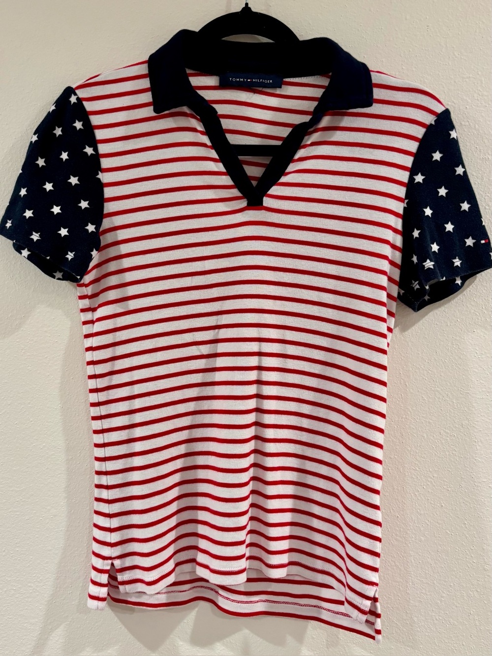 Tommy Hilfiger Women’s Red & White Striped Polo Top with Navy Star Sleeves